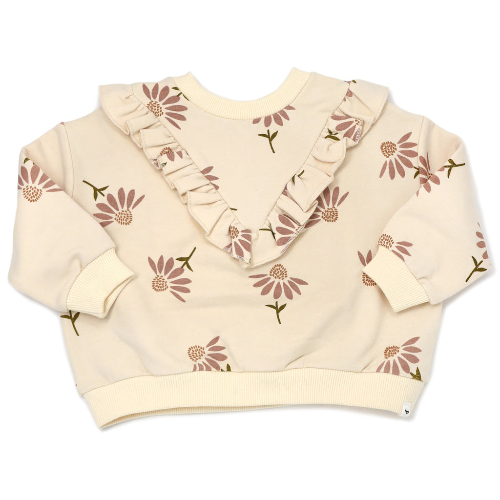 V-Ruffle Slouch with Cone Flowers Print - Vanilla