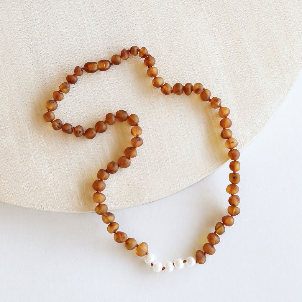 CanyonLeaf - Adult: Raw Cognac Amber + Pearls Necklace