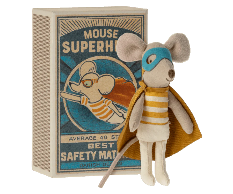 Maileg Superhero Little Brother Mouse in Matchbox