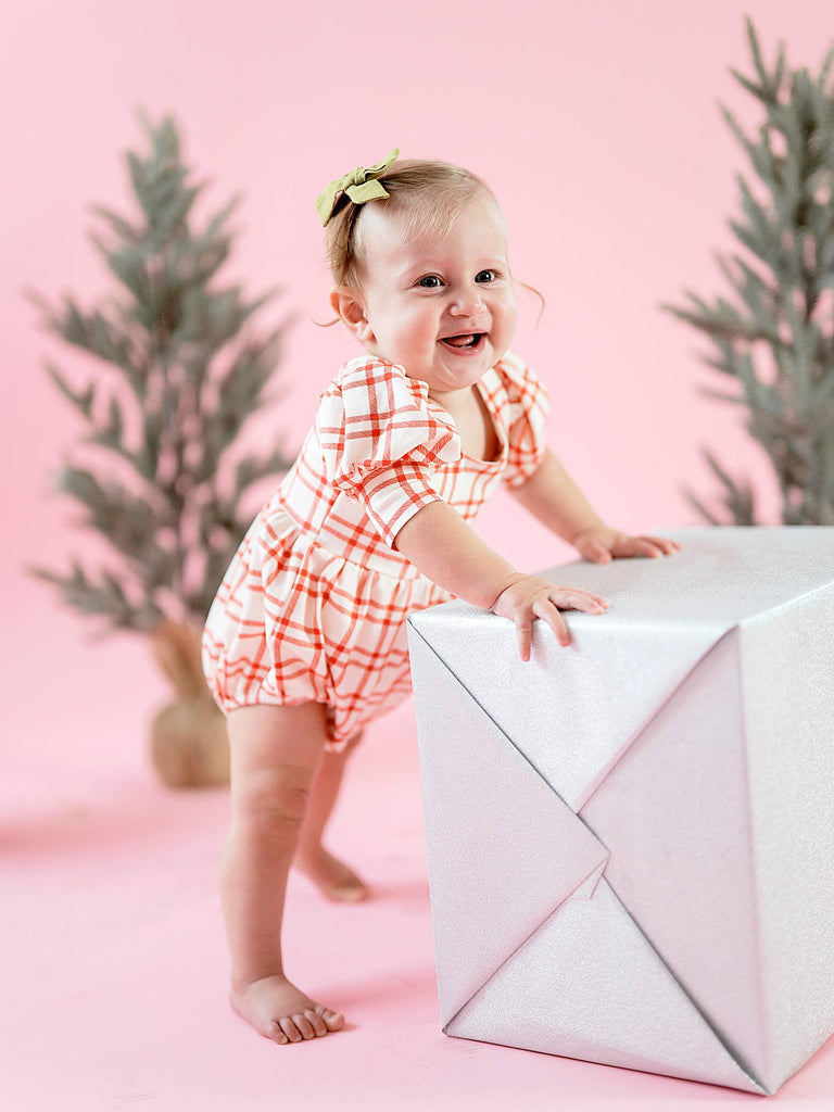 Puff Romper in Scarlet Plaid