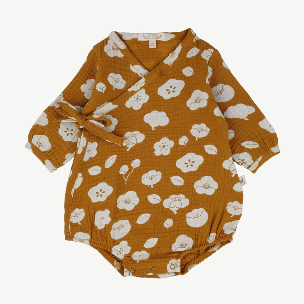 Red Caribou Muslin Bubble Romper - Curry