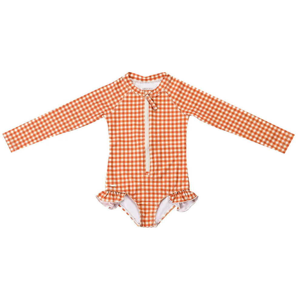 Long Sleeve Rashguard Ruffle Swimsuit - Sienna Gingham
