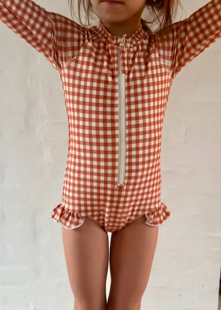Long Sleeve Rashguard Ruffle Swimsuit - Sienna Gingham