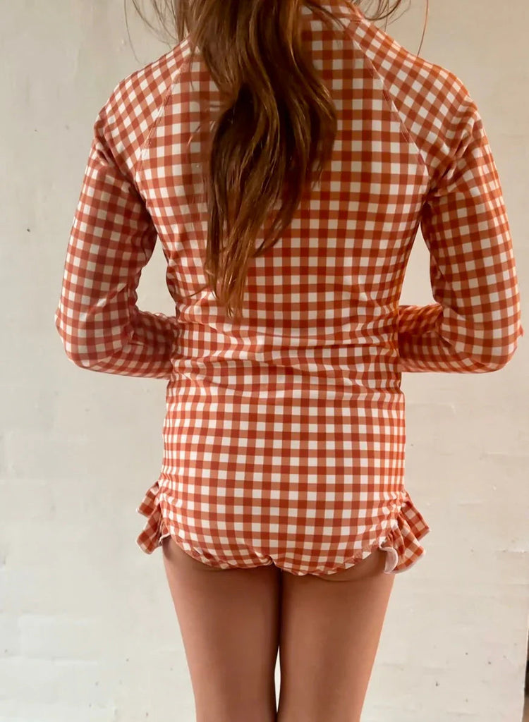 Long Sleeve Rashguard Ruffle Swimsuit - Sienna Gingham
