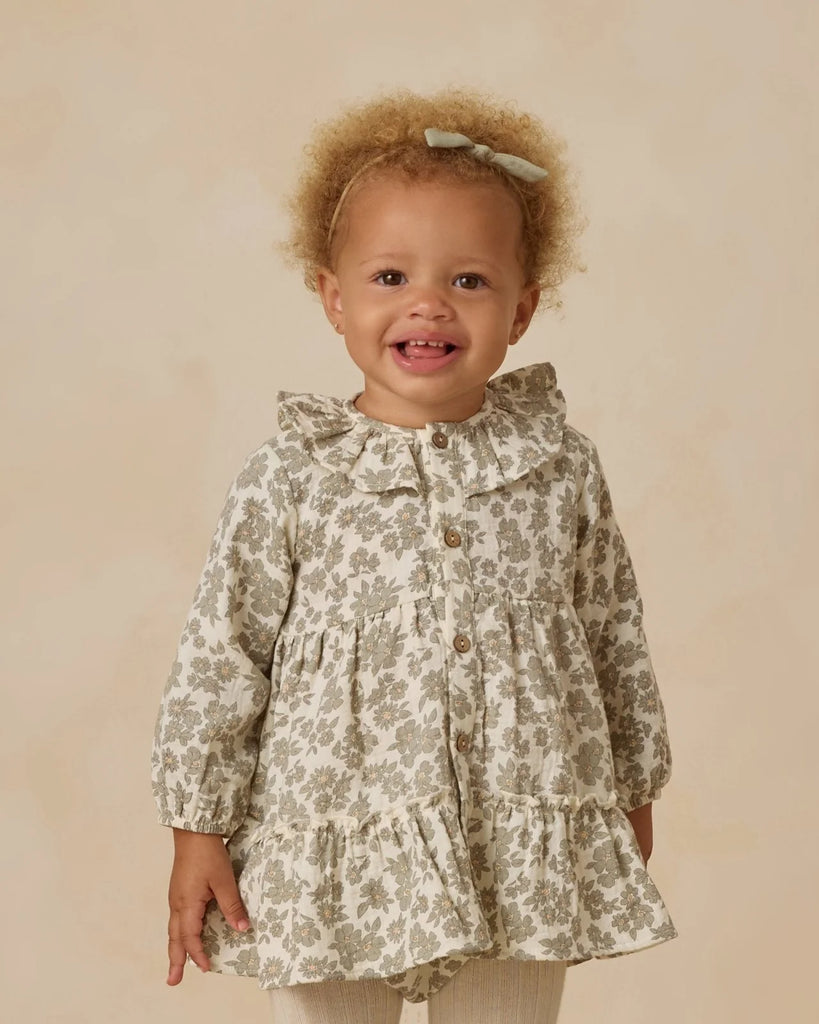 Quincy Mae Ruffle Collar Button Dress - Green Floral