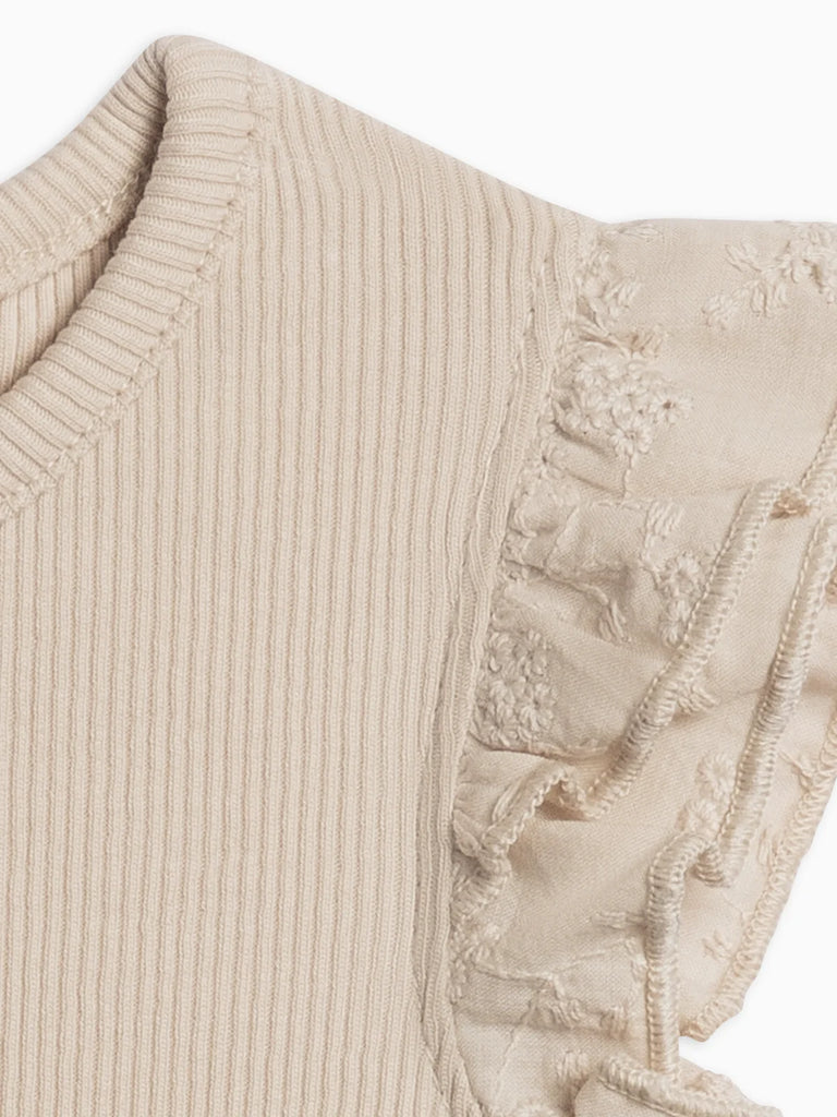 Maggie Ribbed Short Sleeve Bodysuit with Eyelet Ruffle - Oat