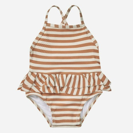 Quincy Mae Ruffled One-Piece Swimsuit - Clay Stripe