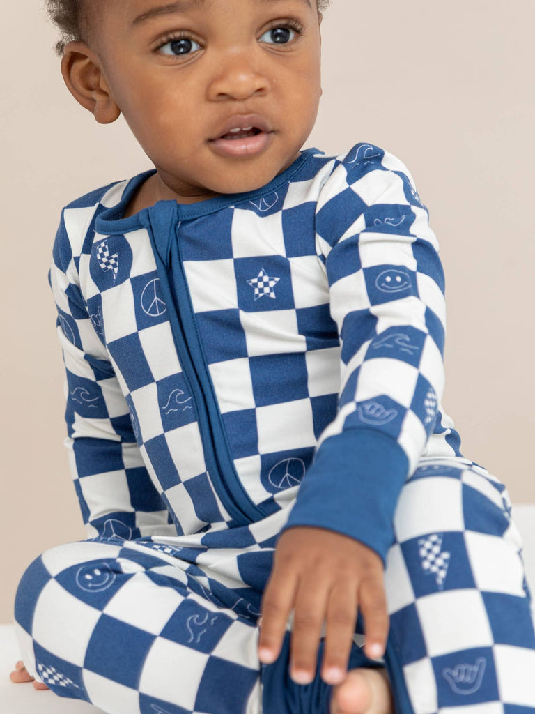 Baby Bamboo Zip Romper - Check It Out - Blue