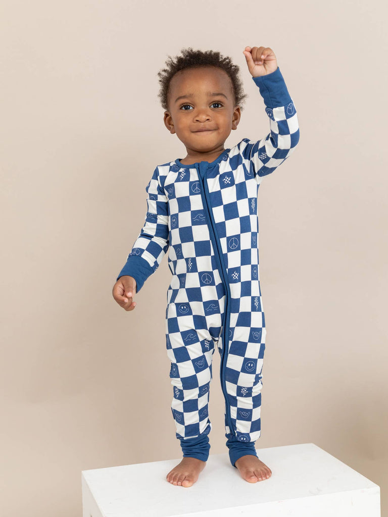 Baby Bamboo Zip Romper - Check It Out - Blue