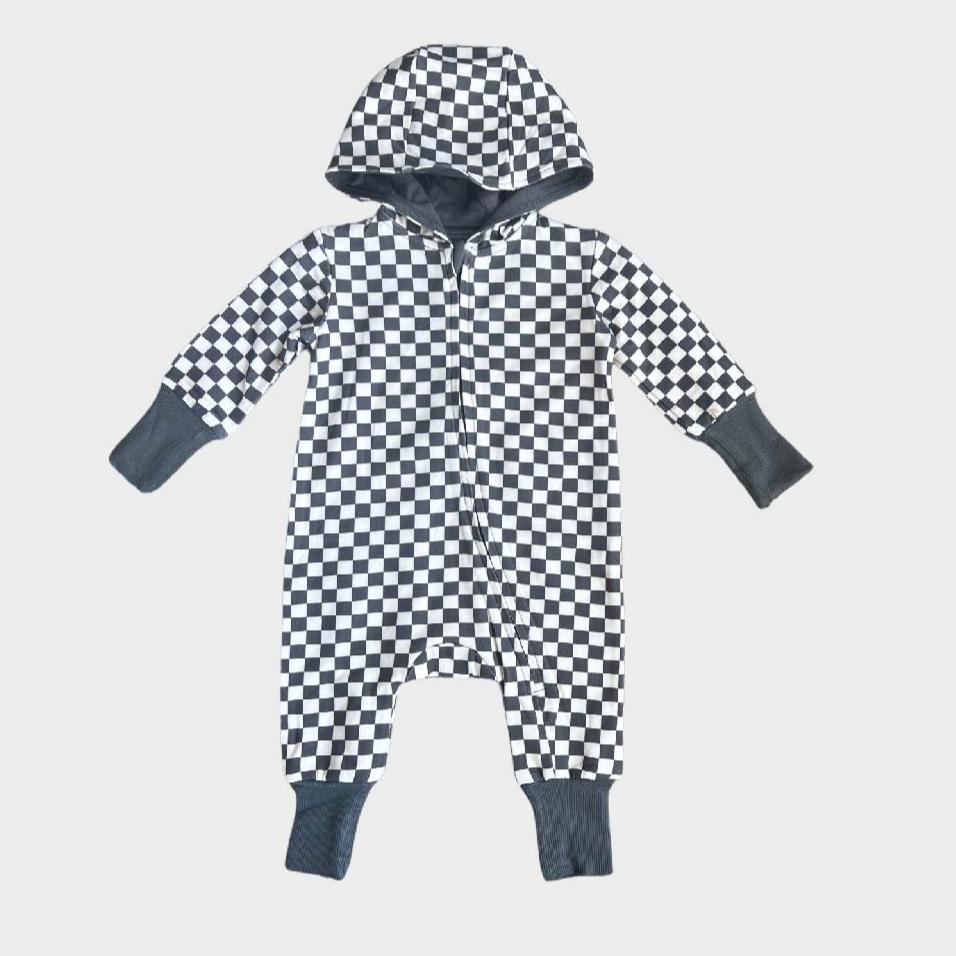 Baby Zip Romper Checkered in Gray Wash