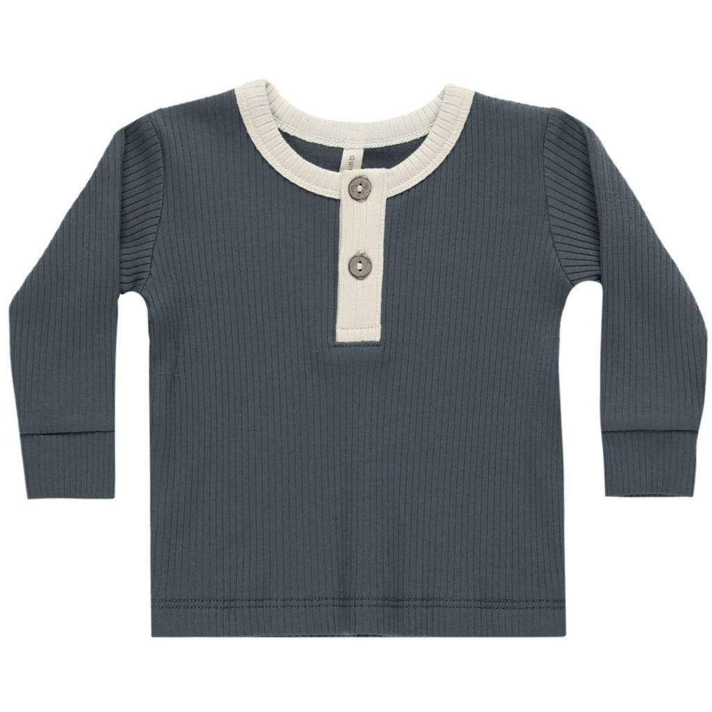 Quincy Mae Ribbed Long Sleeve Henley - Indigo