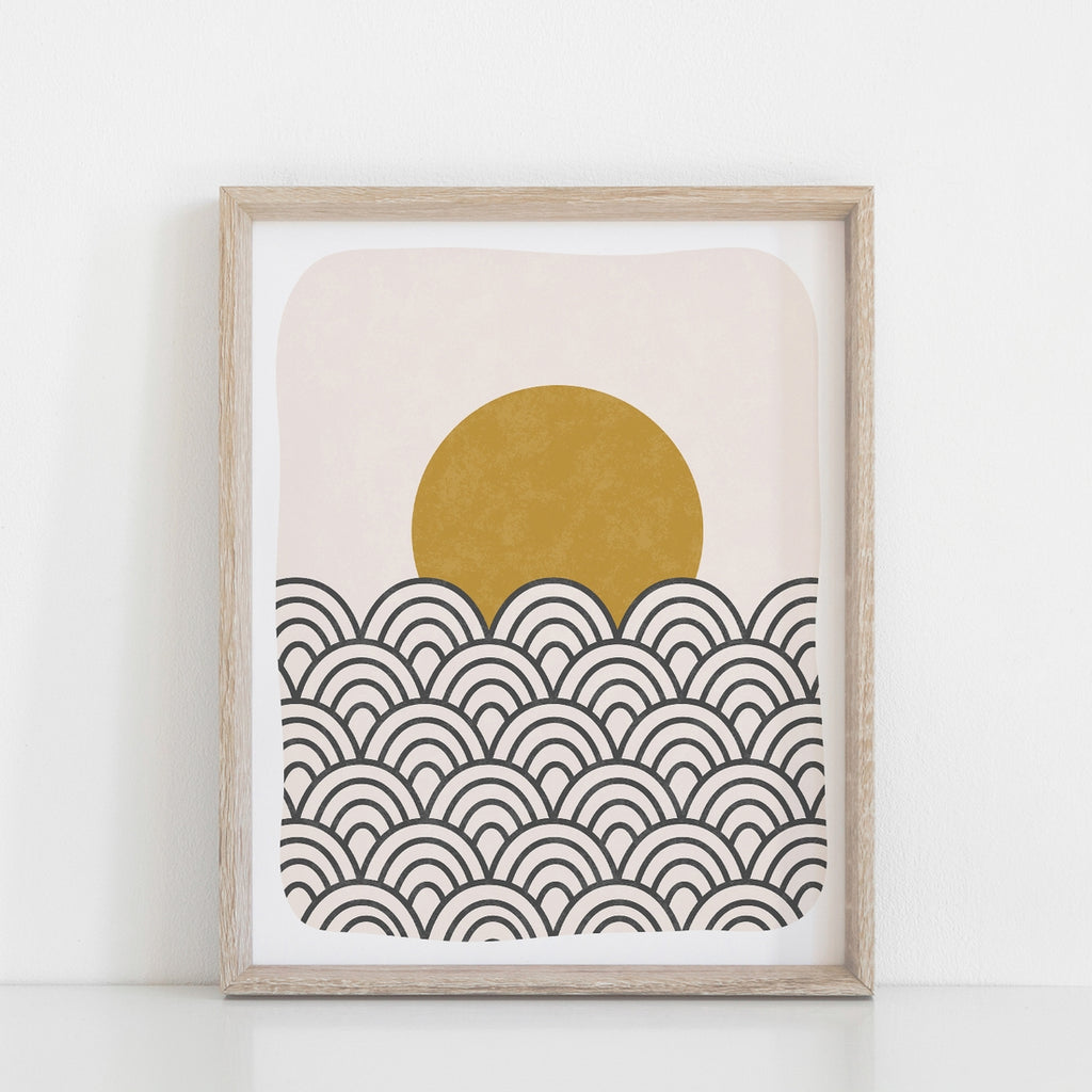 Wall Art Print Sun & Waves - Black, Peach and Ochre