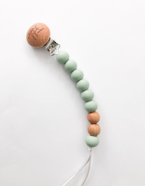Pretty Please Boutique Teethers - Smokey Mint || Magnolia Pacifier Clip || Silicone + Wood