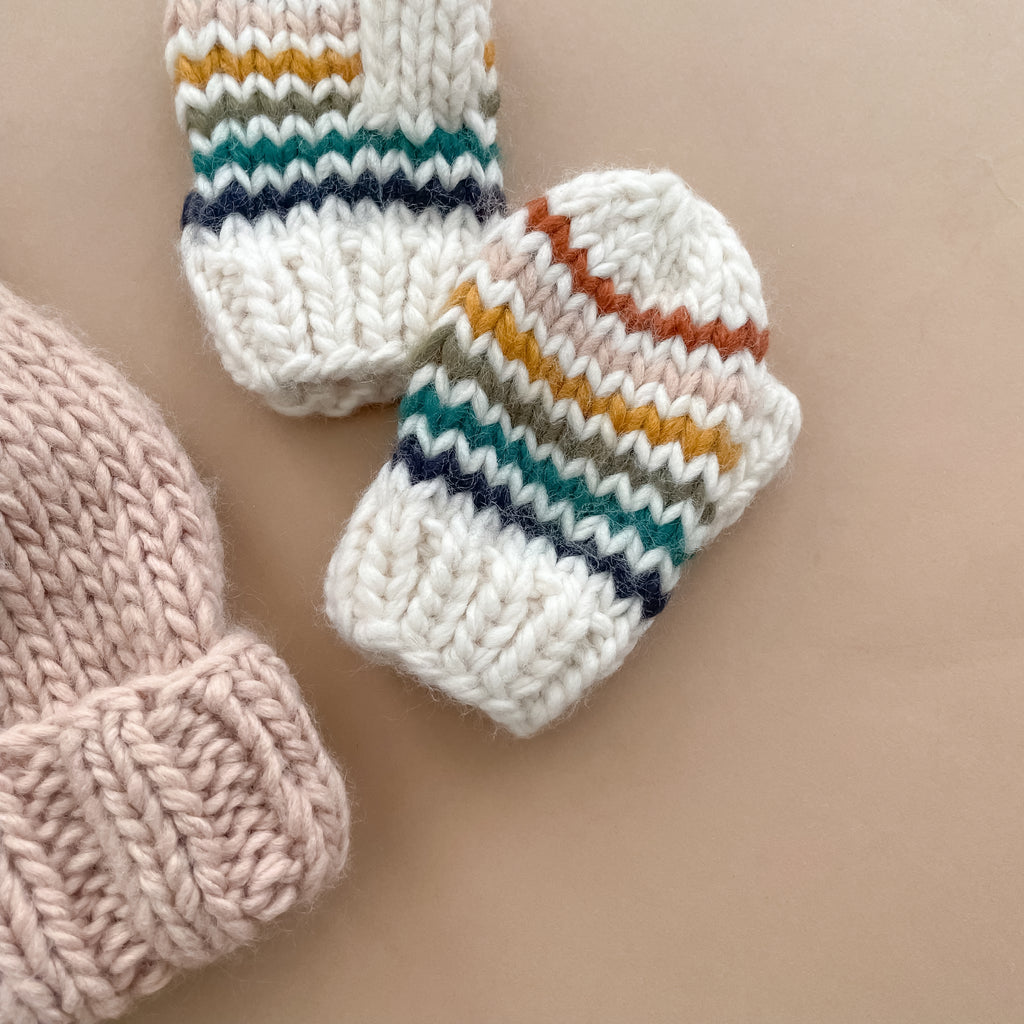 Hand Knit Retro Rainbow Stripe Mittens