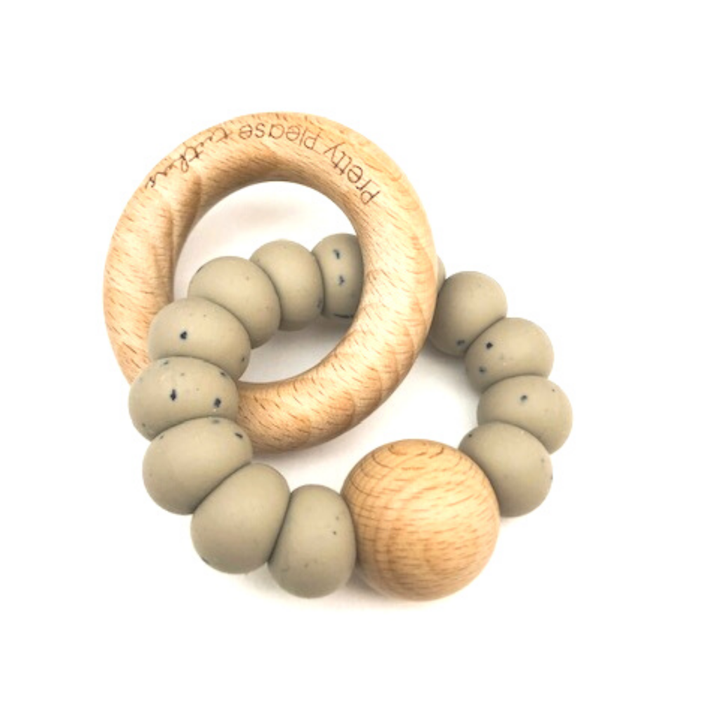 Silicone & Wood Levi Teething Rattle - Speckled taupe