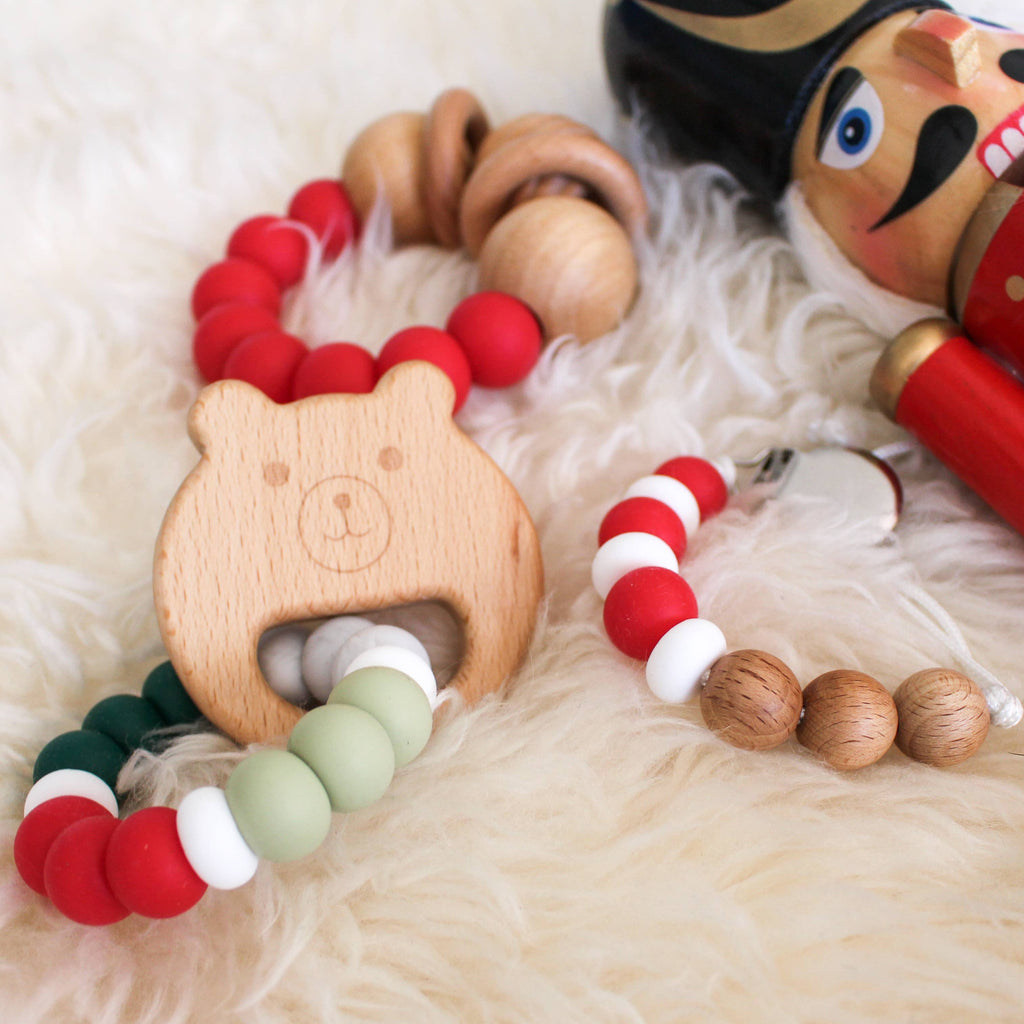 Silicone + Wood Teething Rattle - Red