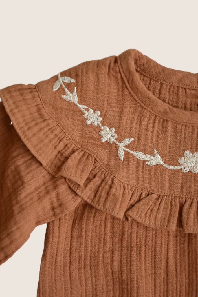 Cotton Muslin Embroidered Dress - Pumpkin
