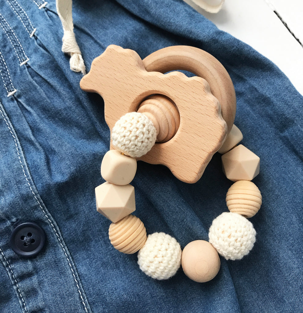The Bird & Elephant - Silicone and Wood Natural Teether Rattle