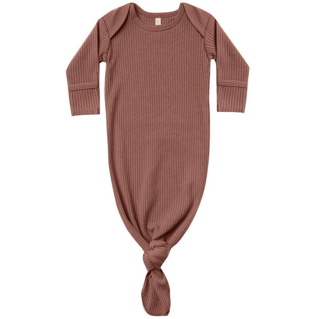 Quincy Mae Ribbed Knotted Baby Gown - Pecan