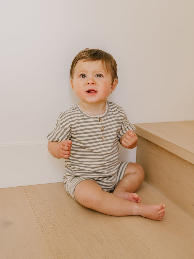 Quincy Mae Short Sleeve Romper - Sea Green Stripe