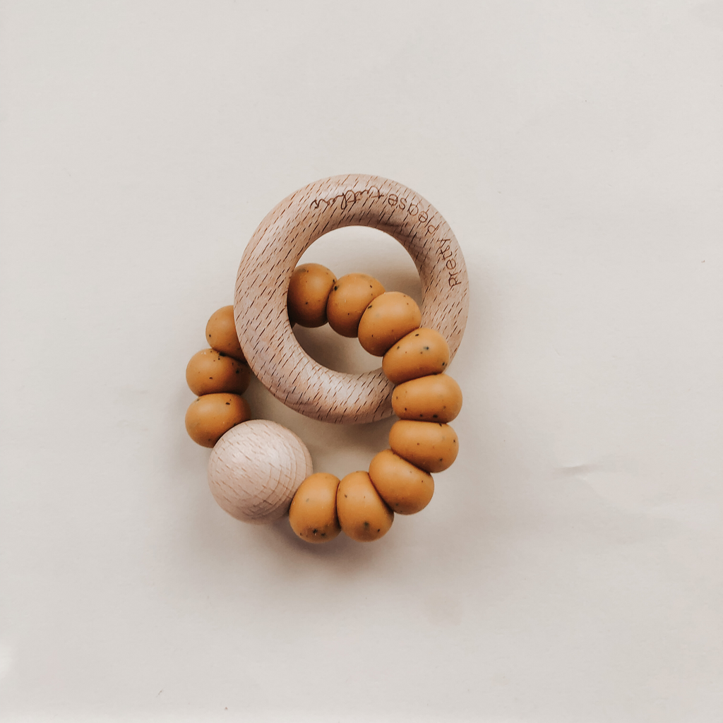 Silicone & Wood Levi Teething Rattle - Speckled Mustard