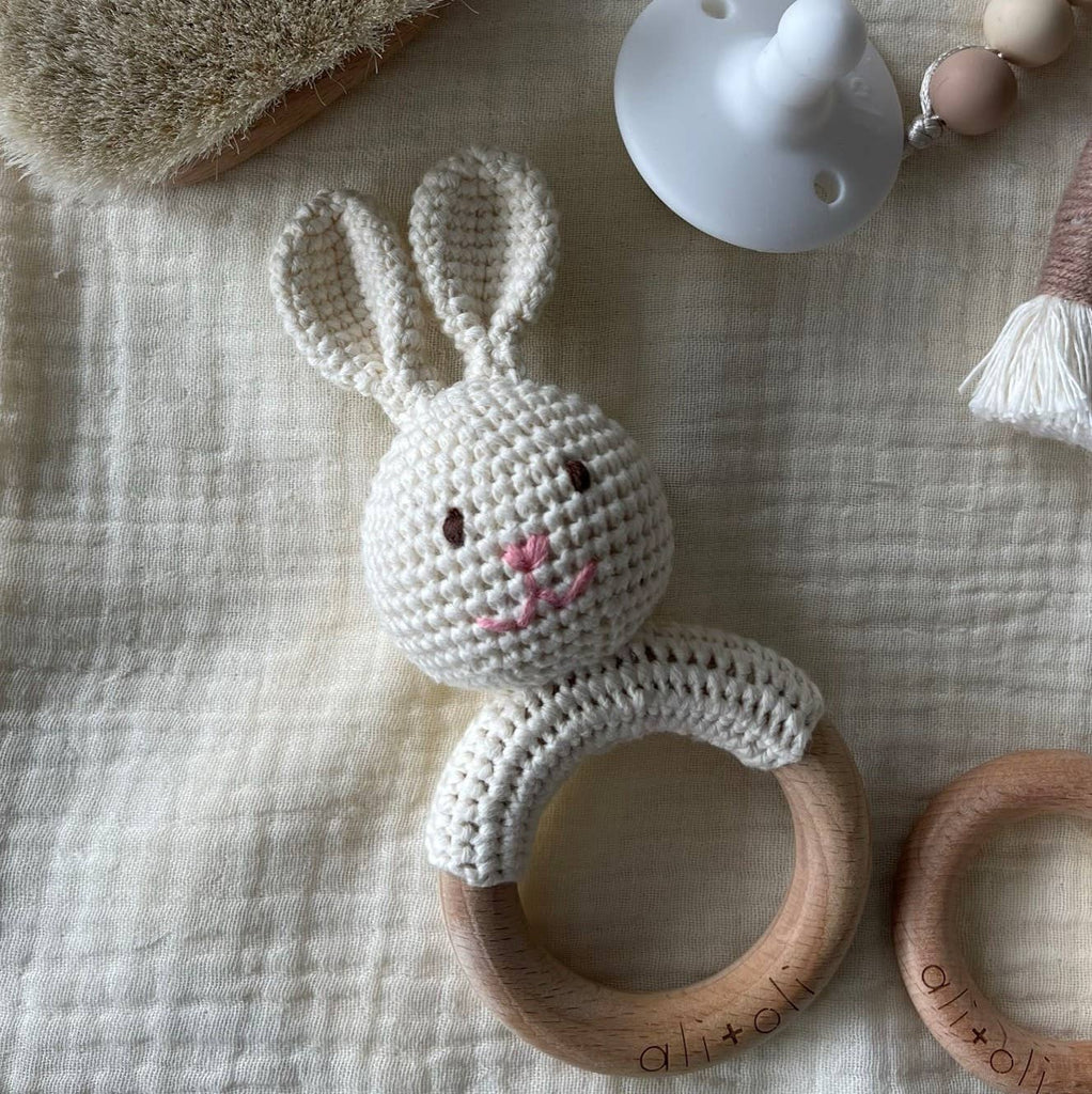 Baby Teething Toy Rattle Wood Ring Crochet - Bunny
