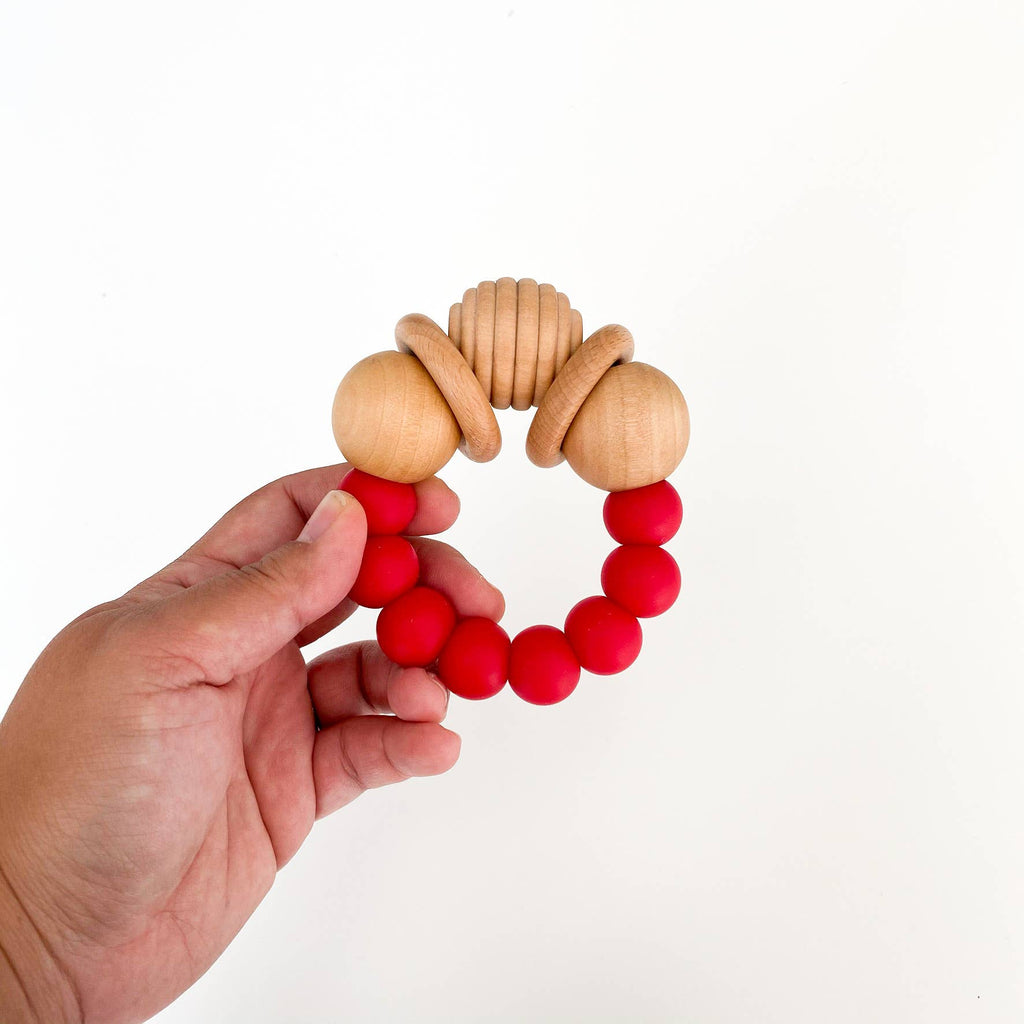 Silicone + Wood Teething Rattle - Red