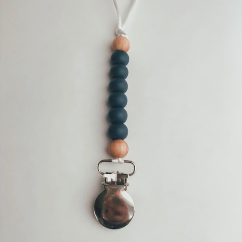 Pretty Please Boutique Teethers - Navy || Erin Petite pacifier Clip || Silicone + Wood