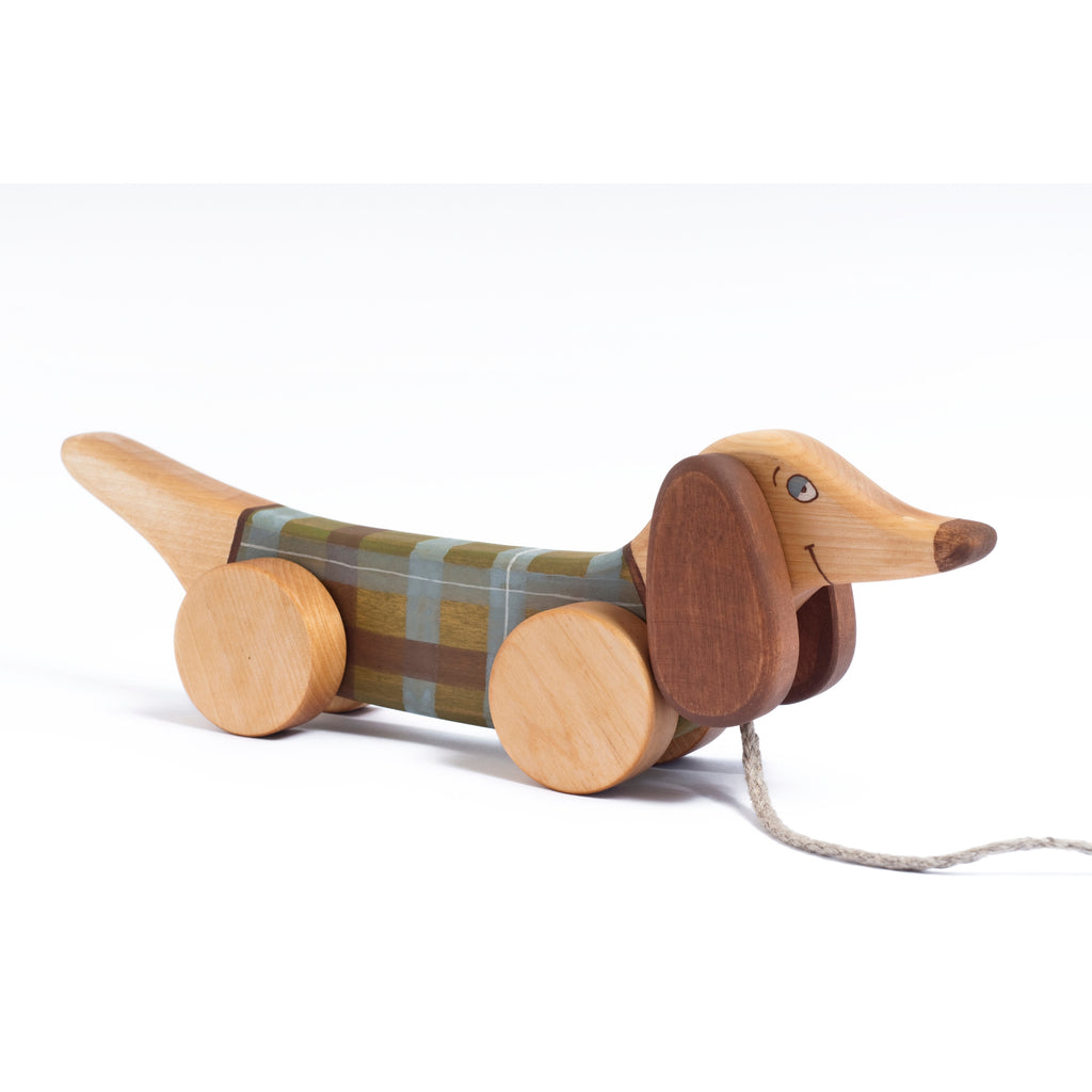 Handcrafted Wooden Pull Toy - Green Sausage Dog