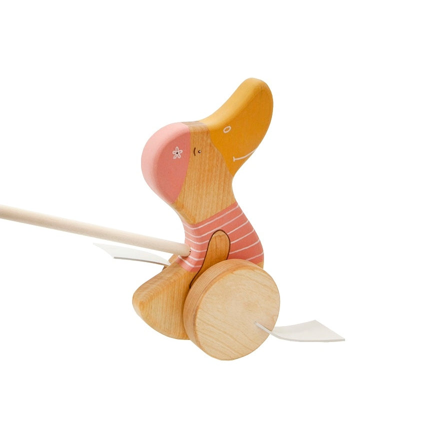 Handcrafted Wooden Push Toy Duck - Pink