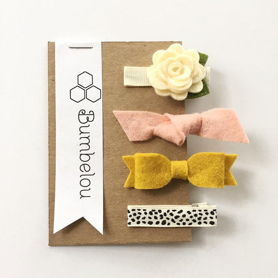 Bumbelou - Hair Clip Sets - Ivory Rose, Peach Knot, Mustard Bow - Dotty Clip
