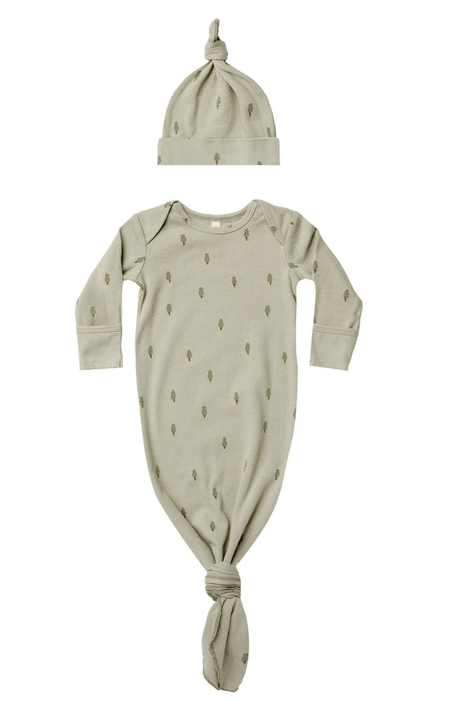 Quincy Mae Knotted Baby Gown + Hat Set - Trees